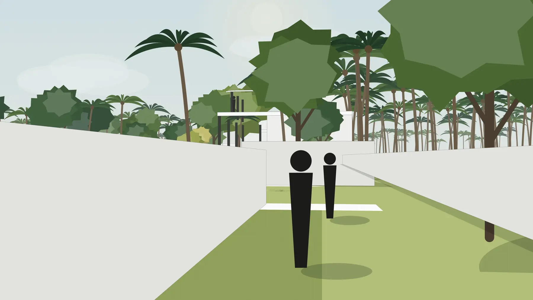 Illustration, unbuilt: the arrival court between its low walls, with two people walking in