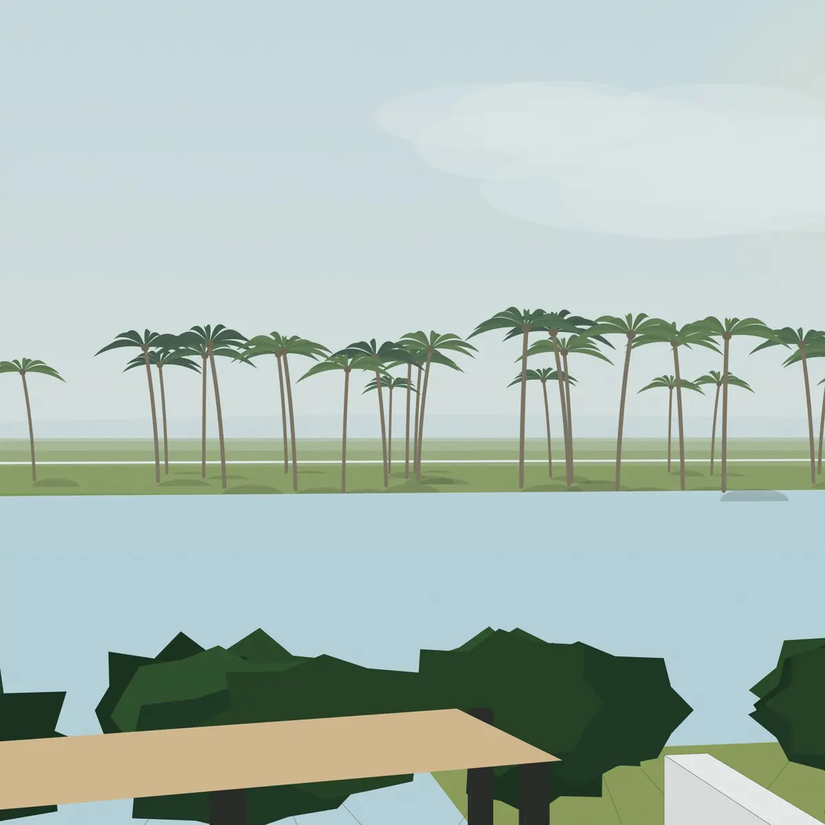 Illustration, unbuilt: the river and the far bank, seen from a balcony