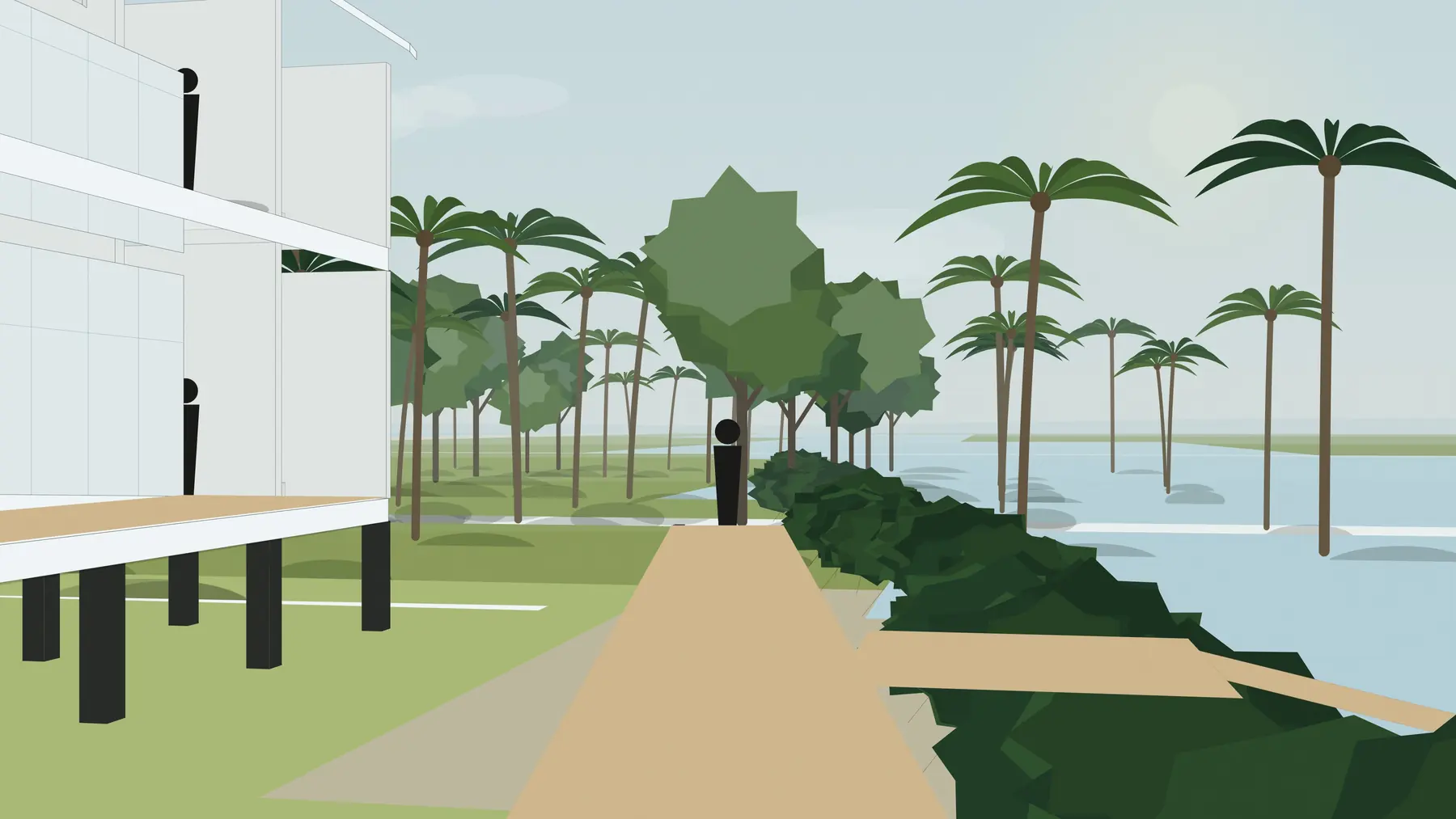 Illustration, unbuilt: the walk to the dock on the river, at slack tide