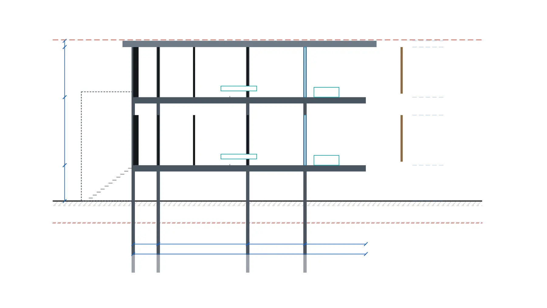 Illustration, unbuilt: a cross-section through the building: two levels of keys on a steel frame, over open ground