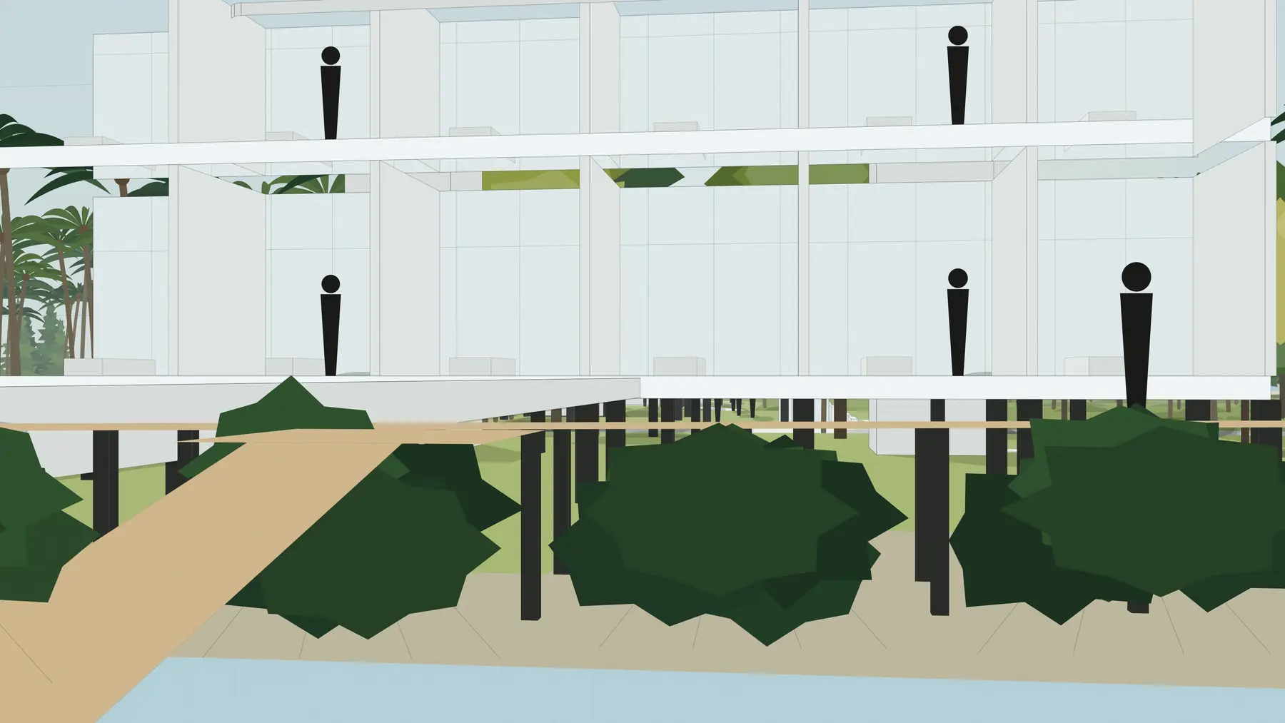 Illustration, unbuilt: the twelve keys on two levels, stood on piles over open ground, with the walk to the river below