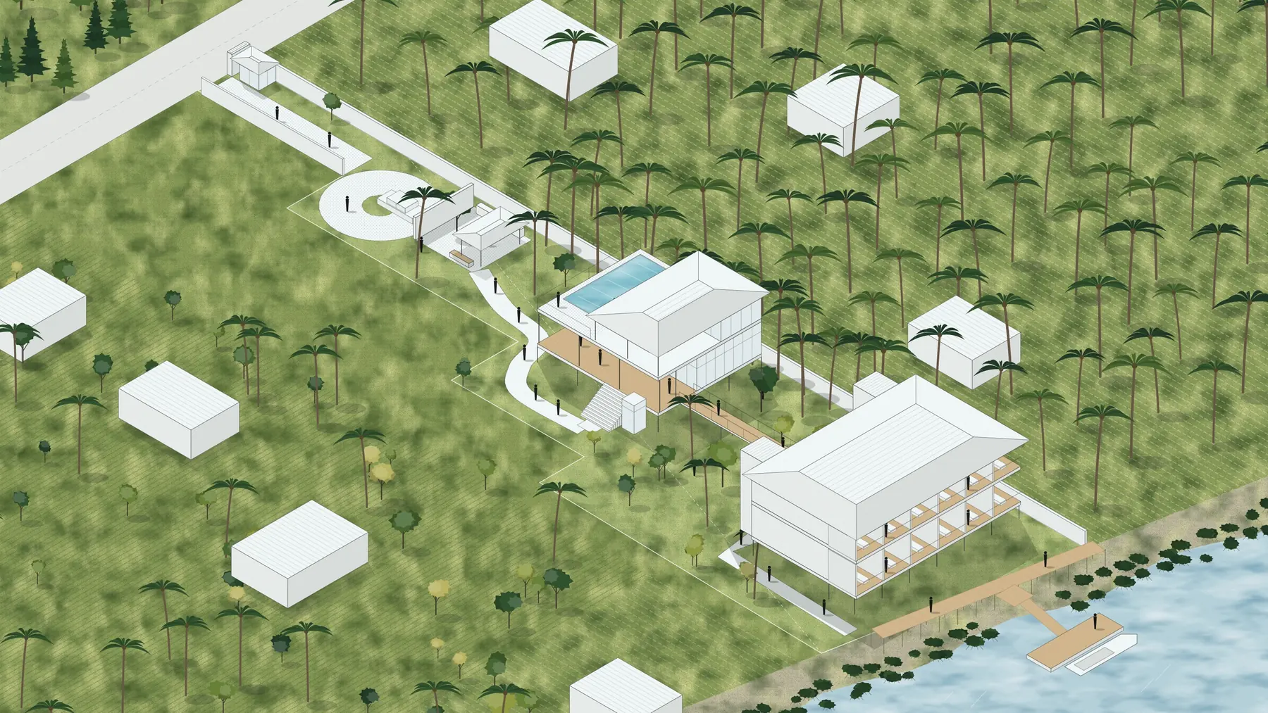 Illustration, unbuilt: the estate from the air, from the road to the river: the arrival court, the plaza and its pool, the keys and the dock