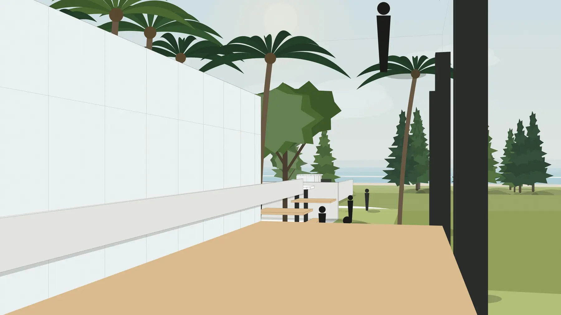 Illustration, unbuilt: the ramp rising beside the plaza to its deck