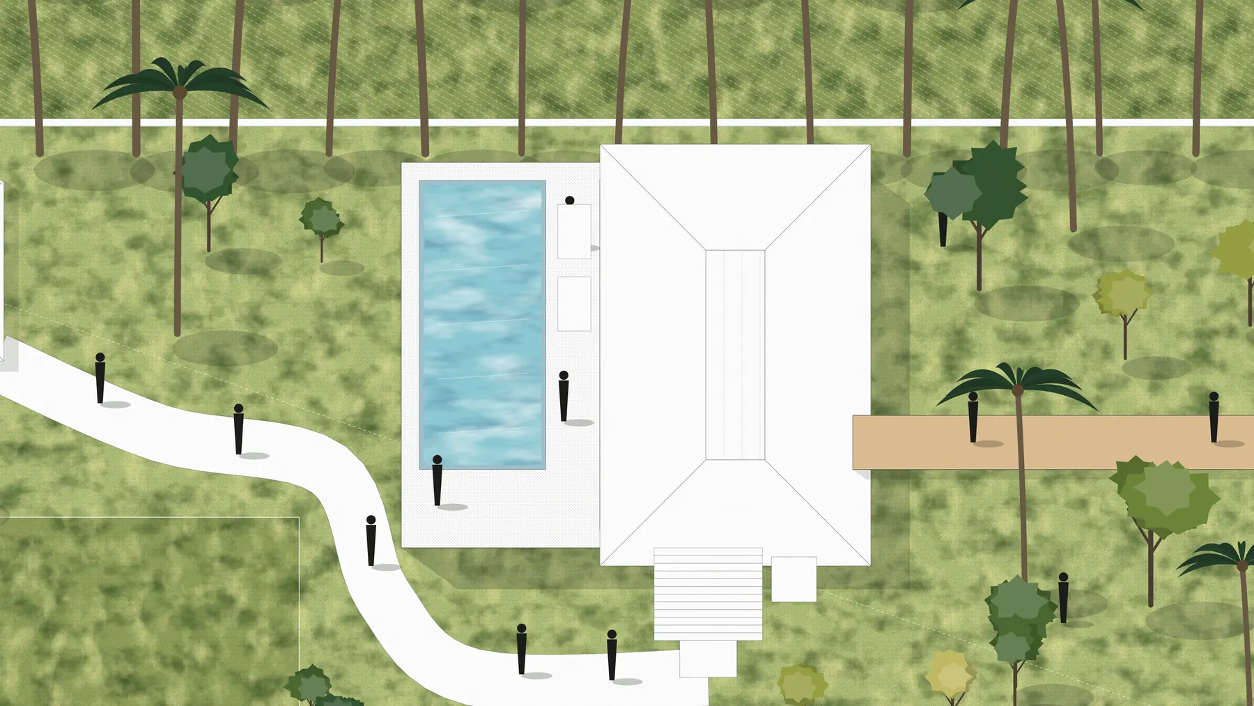 Illustration, unbuilt: the plaza seen from above: the pool, the hall and the walk to the keys