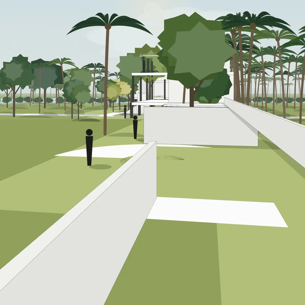 Illustration, unbuilt: the procession rising from the court towards the deck