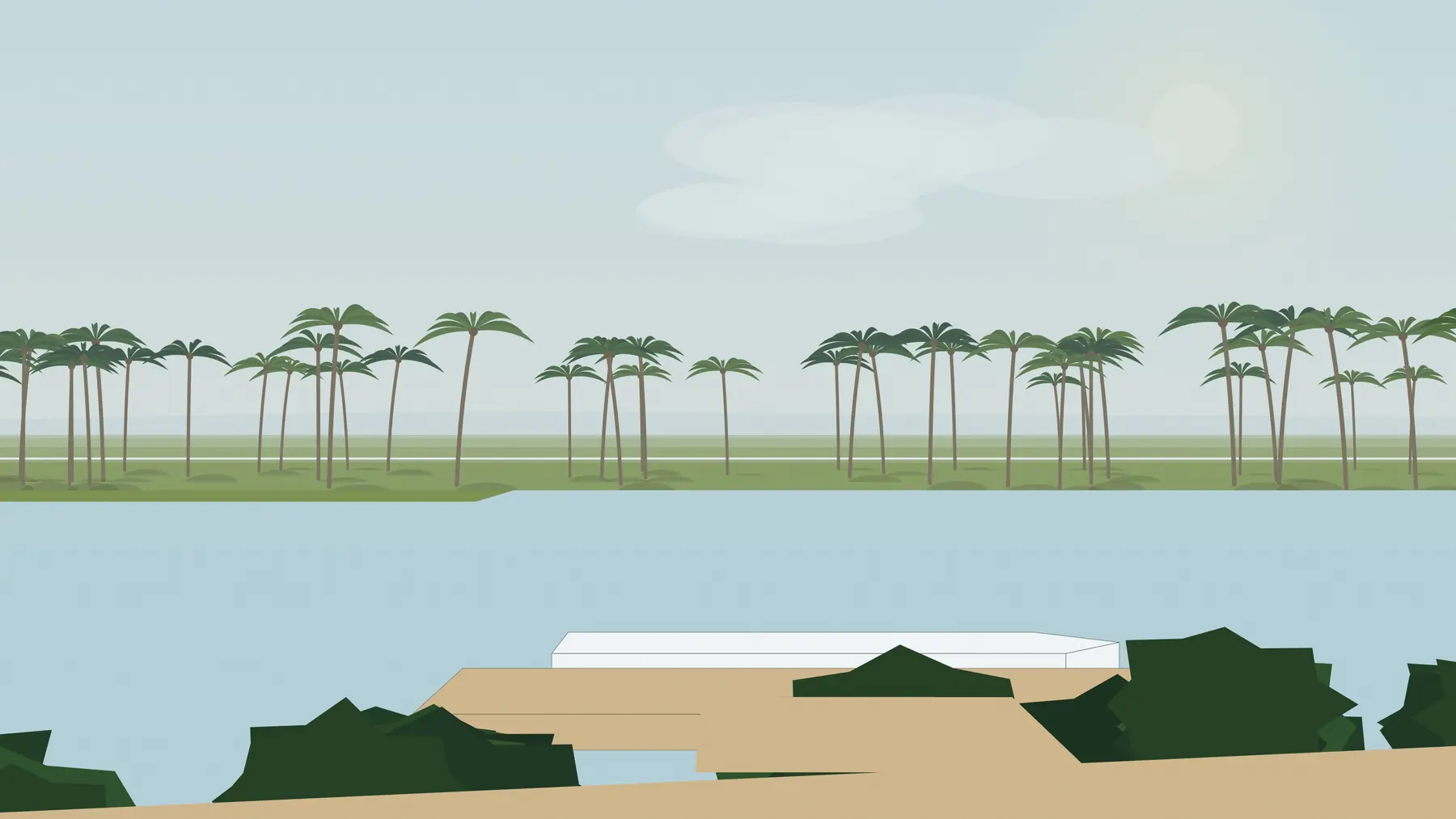 Illustration, unbuilt: the river from a balcony, with the dock below and palms on the far bank