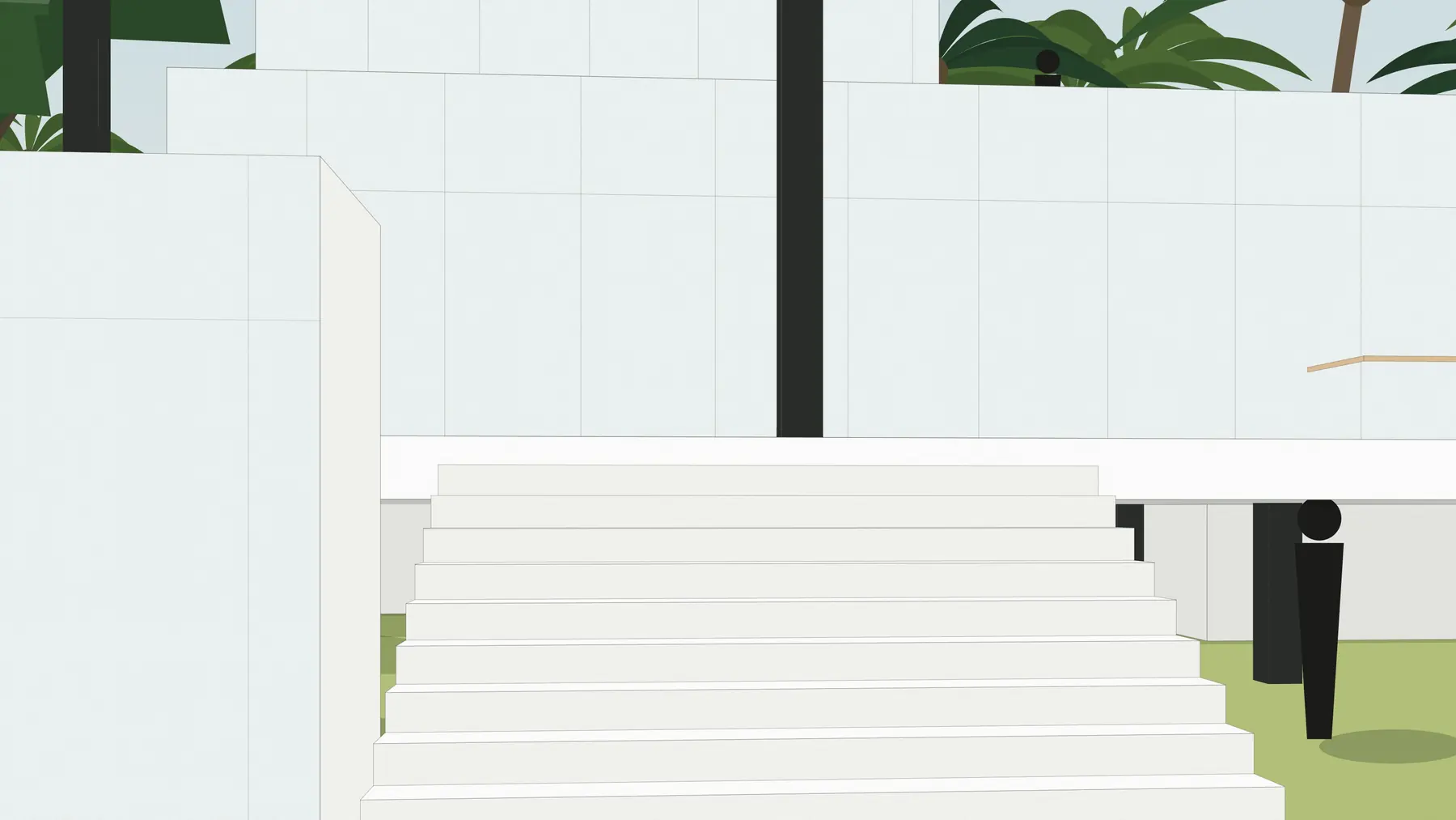 Illustration, unbuilt: the open stair that climbs from the ground to the upper level