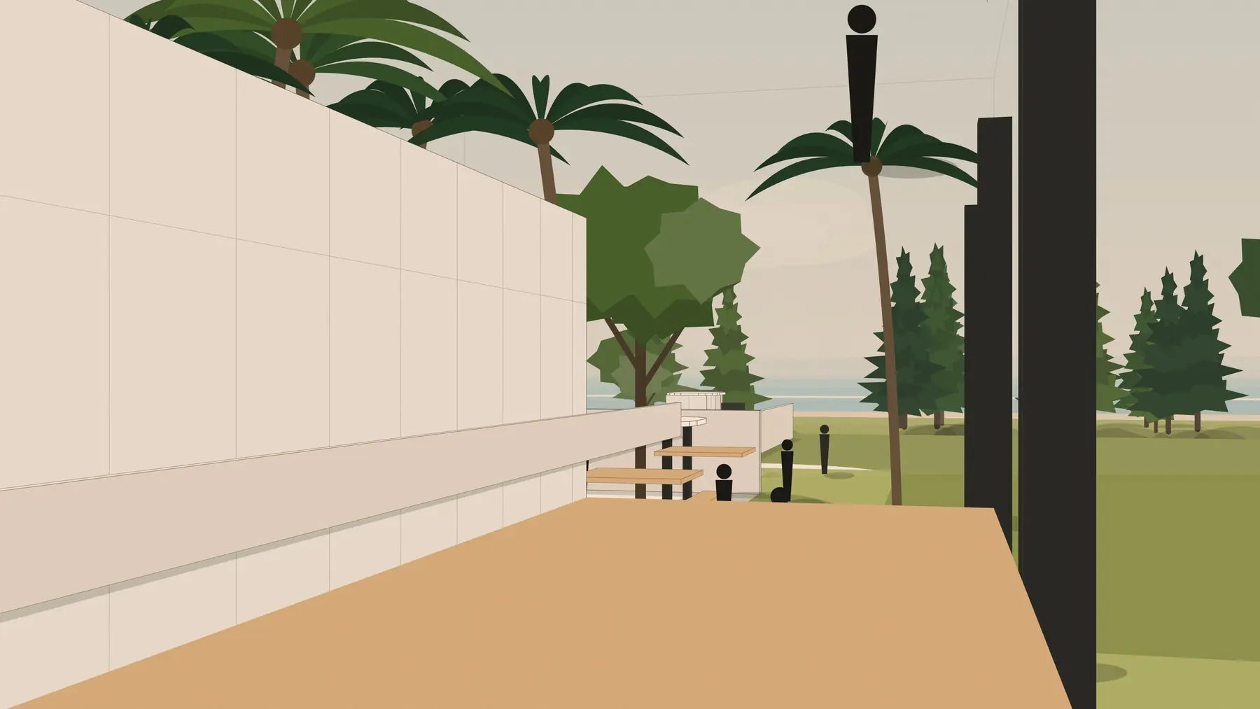 Illustration, unbuilt: the deck beside the plaza in evening light