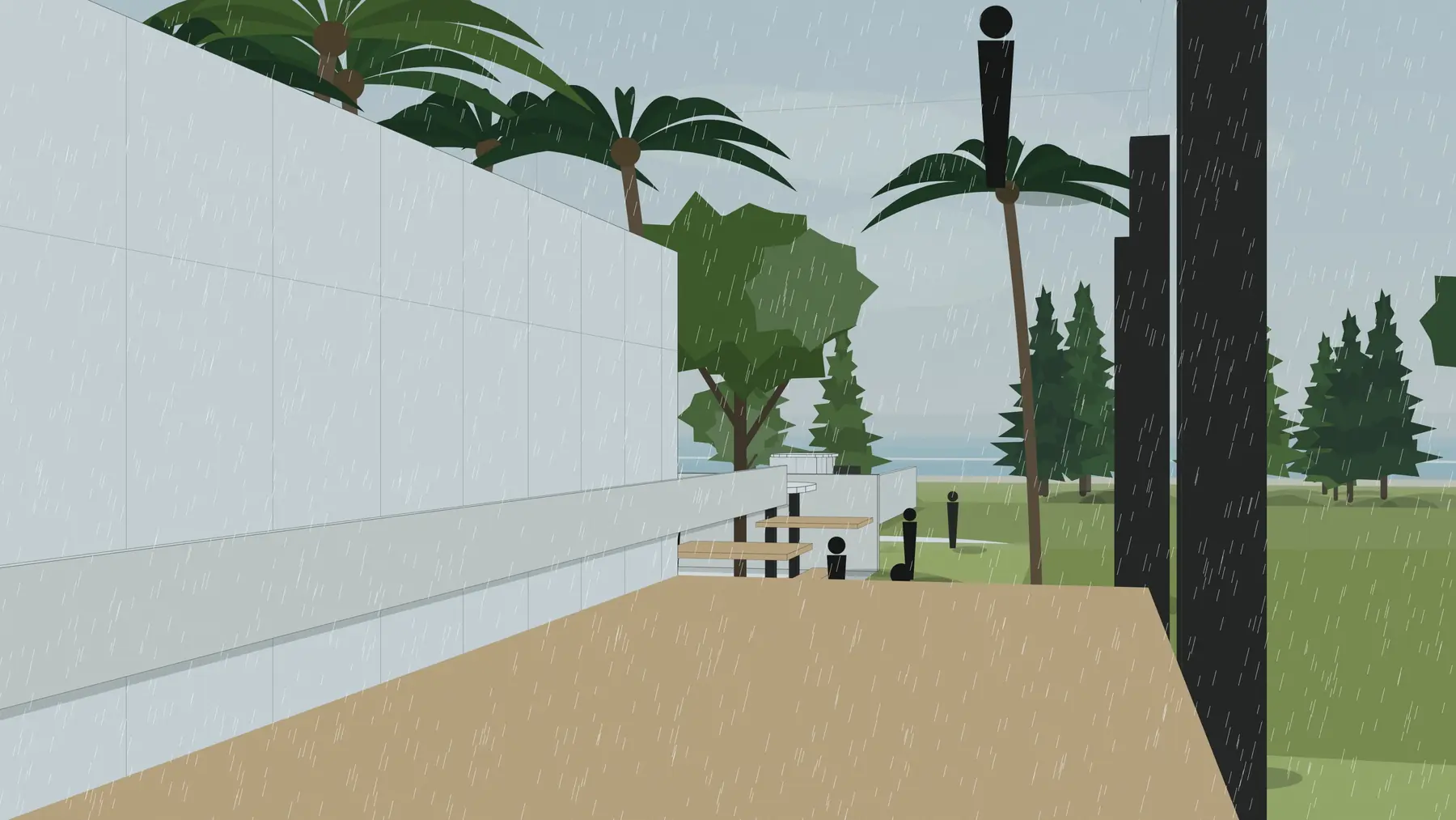 Illustration, unbuilt: the deck beside the plaza, in the rain
