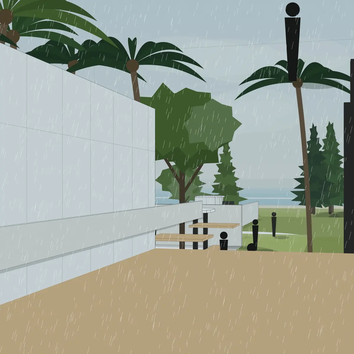 Illustration, unbuilt: rain falling beside the plaza's deck