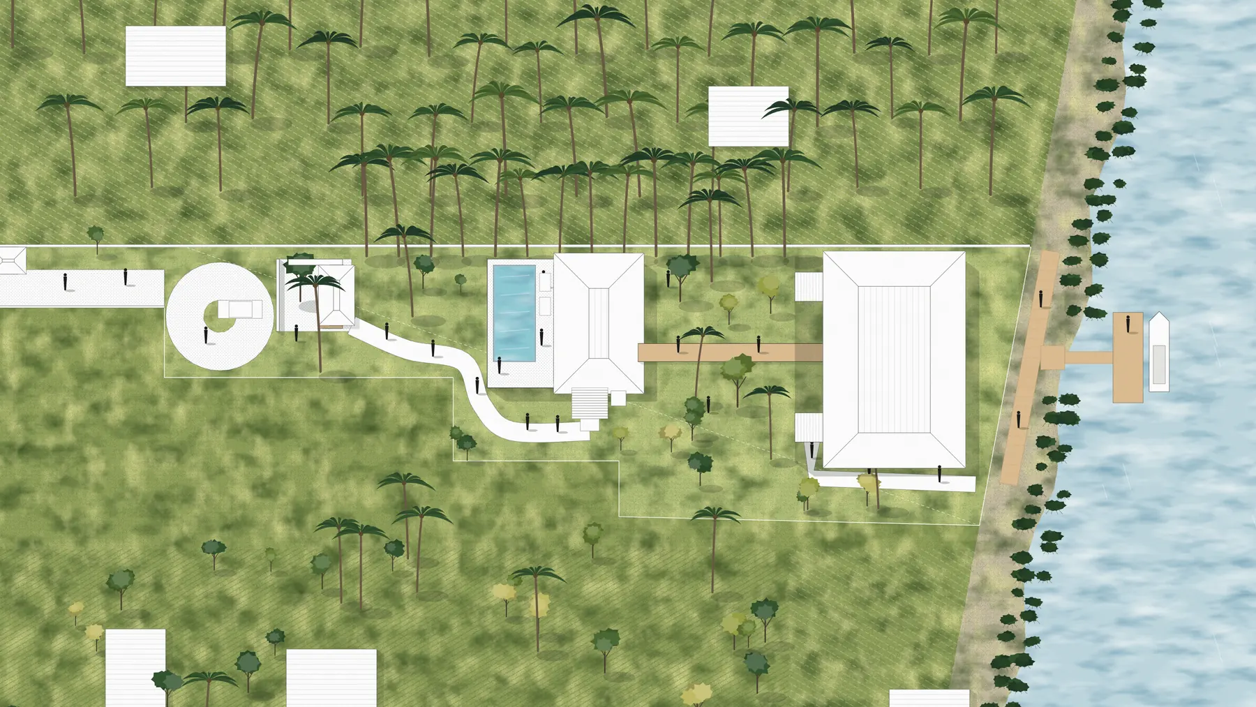 Illustration, unbuilt: the estate seen from above: the arrival court, the plaza and its pool, the keys and the dock on the river