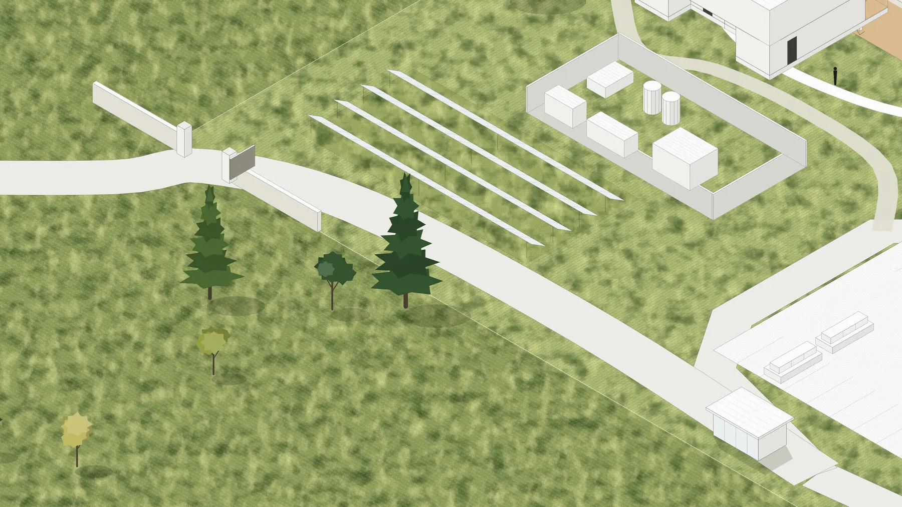 Illustration, unbuilt: the gate at the corner of the land, the drive, the solar array and the plant yard