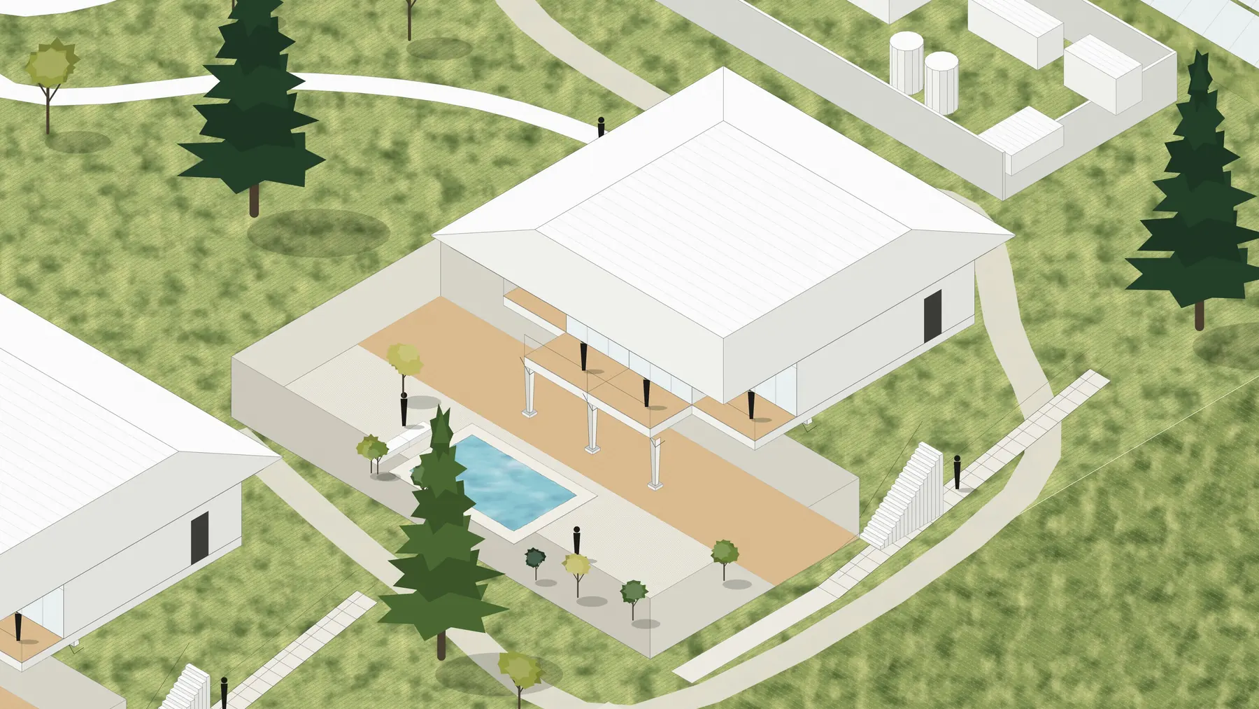 Illustration, unbuilt: one cluster: four keys under one roof, with the yard and the pool below them