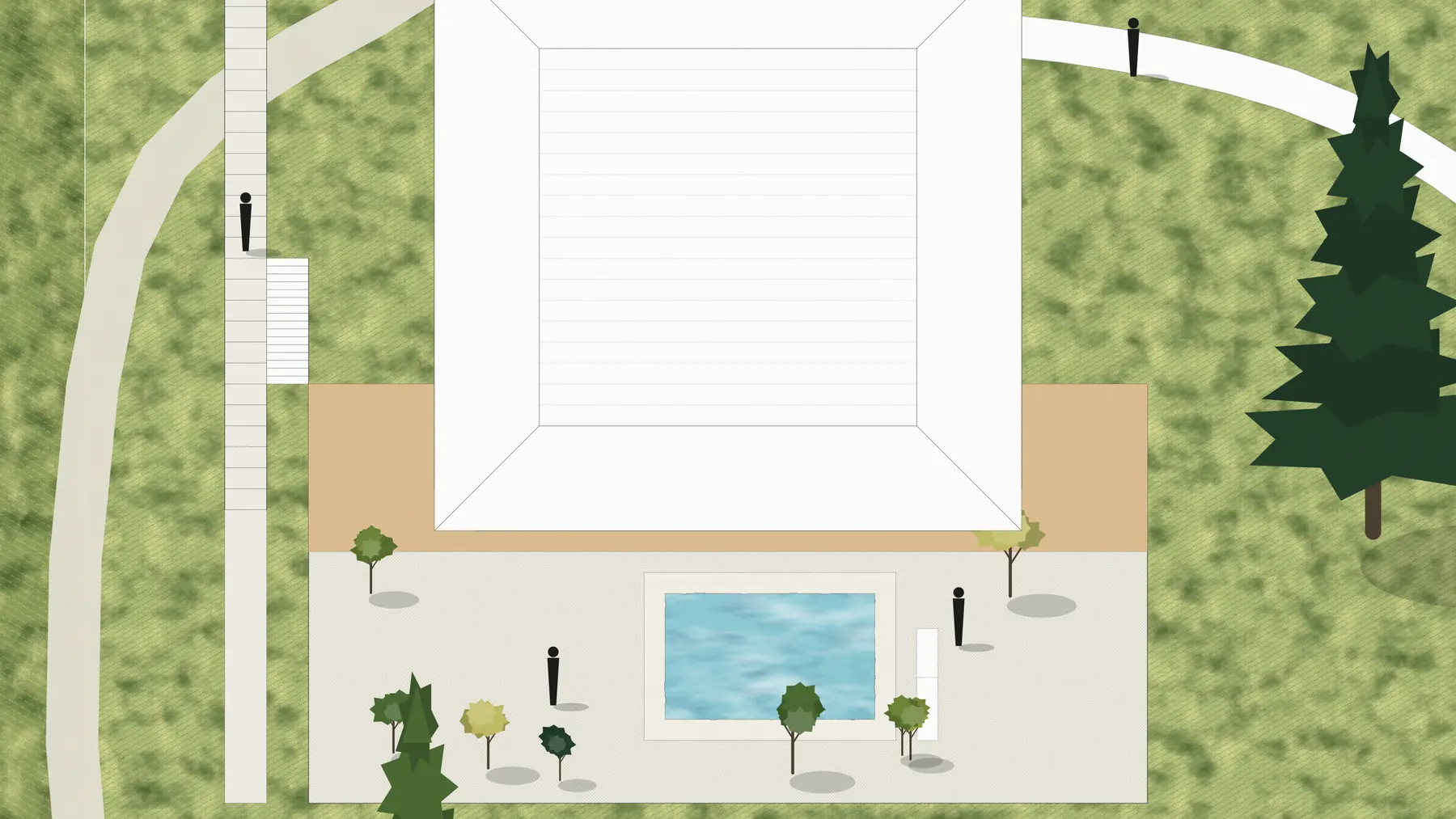 Illustration, unbuilt: a cluster seen from above: the roof, the yard and the pool
