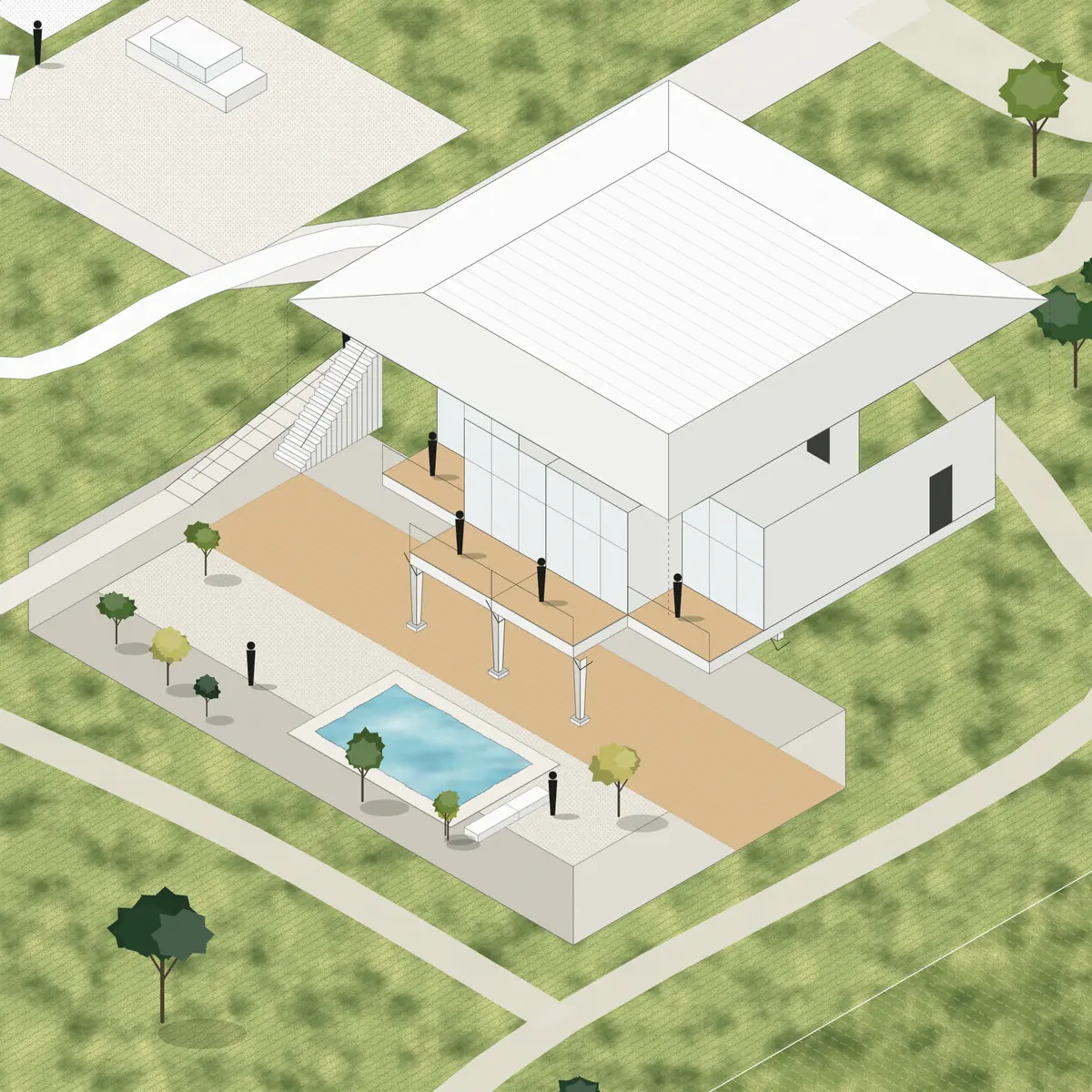 Illustration, unbuilt: a cluster seen from the west, with its yard and pool