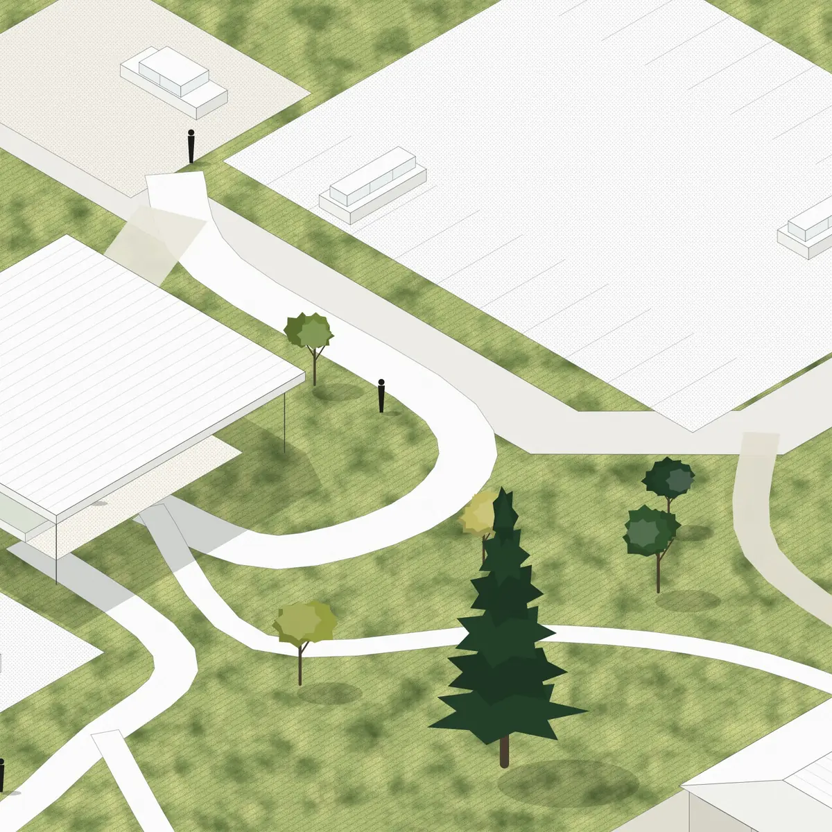Illustration, unbuilt: the arrival court and the roof of the commons
