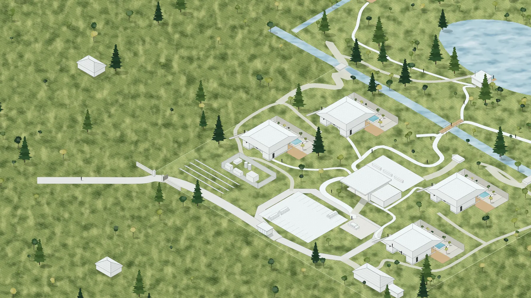 Illustration, unbuilt: the estate from above, with the gate at the corner of the land, the commons, five clusters of keys, the stream and the lake