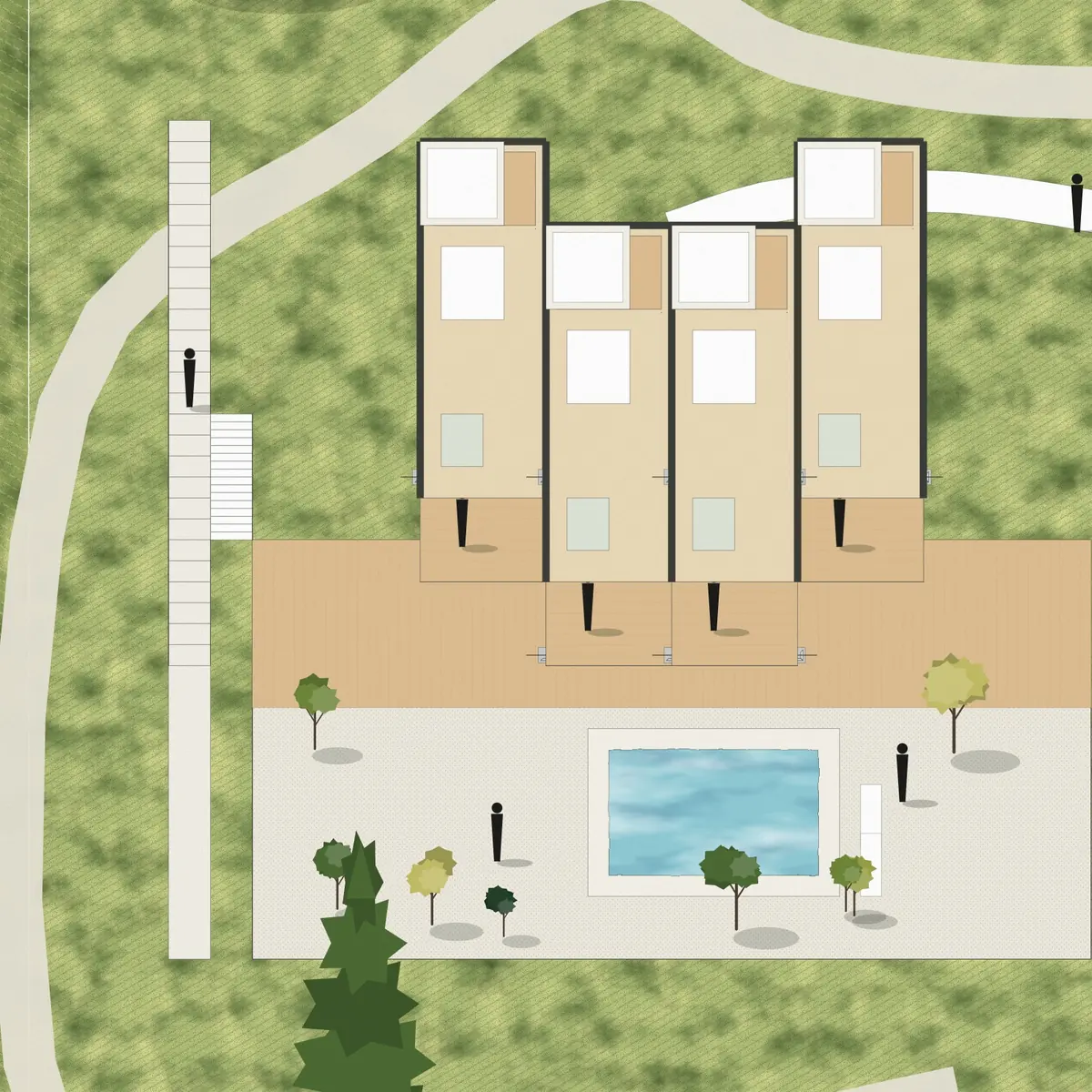 Illustration, unbuilt: four keys seen from above, each with its deck over the yard