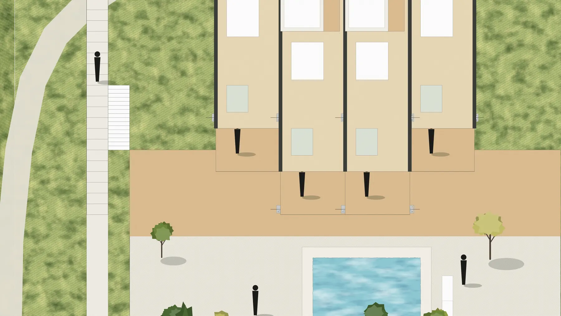 Illustration, unbuilt: four keys seen from above with their roof removed, each opening to a deck
