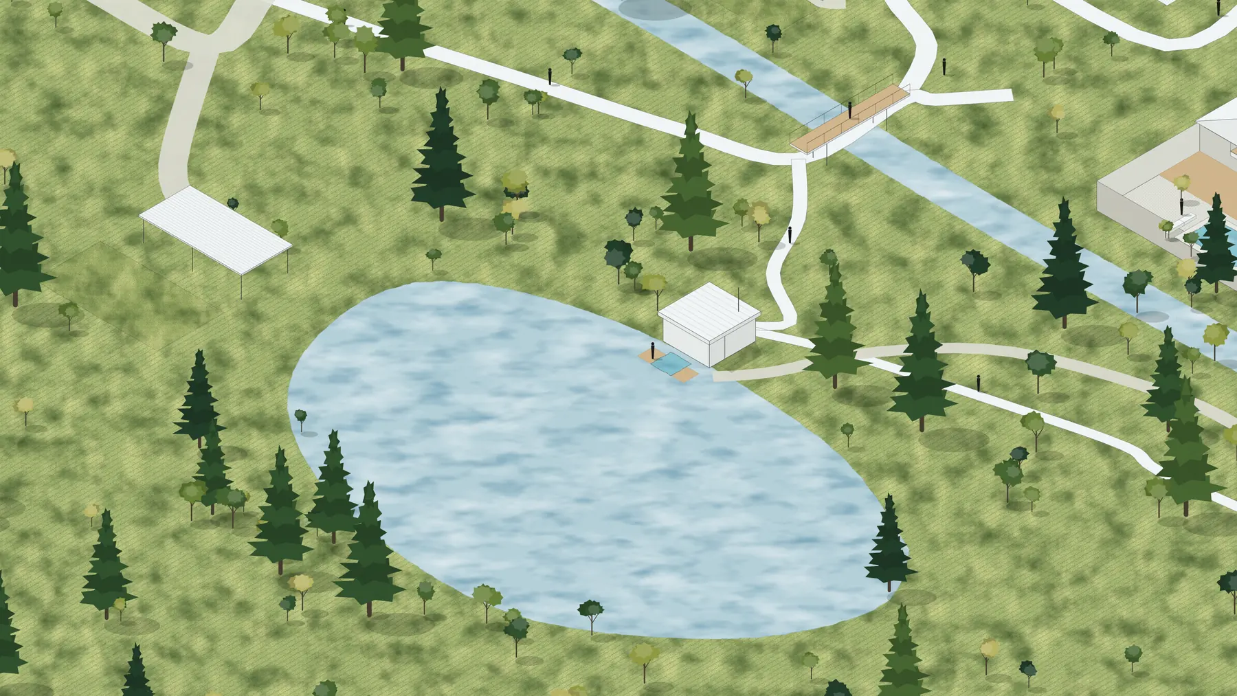 Illustration, unbuilt: the lake among the trees, with the sauna on its edge