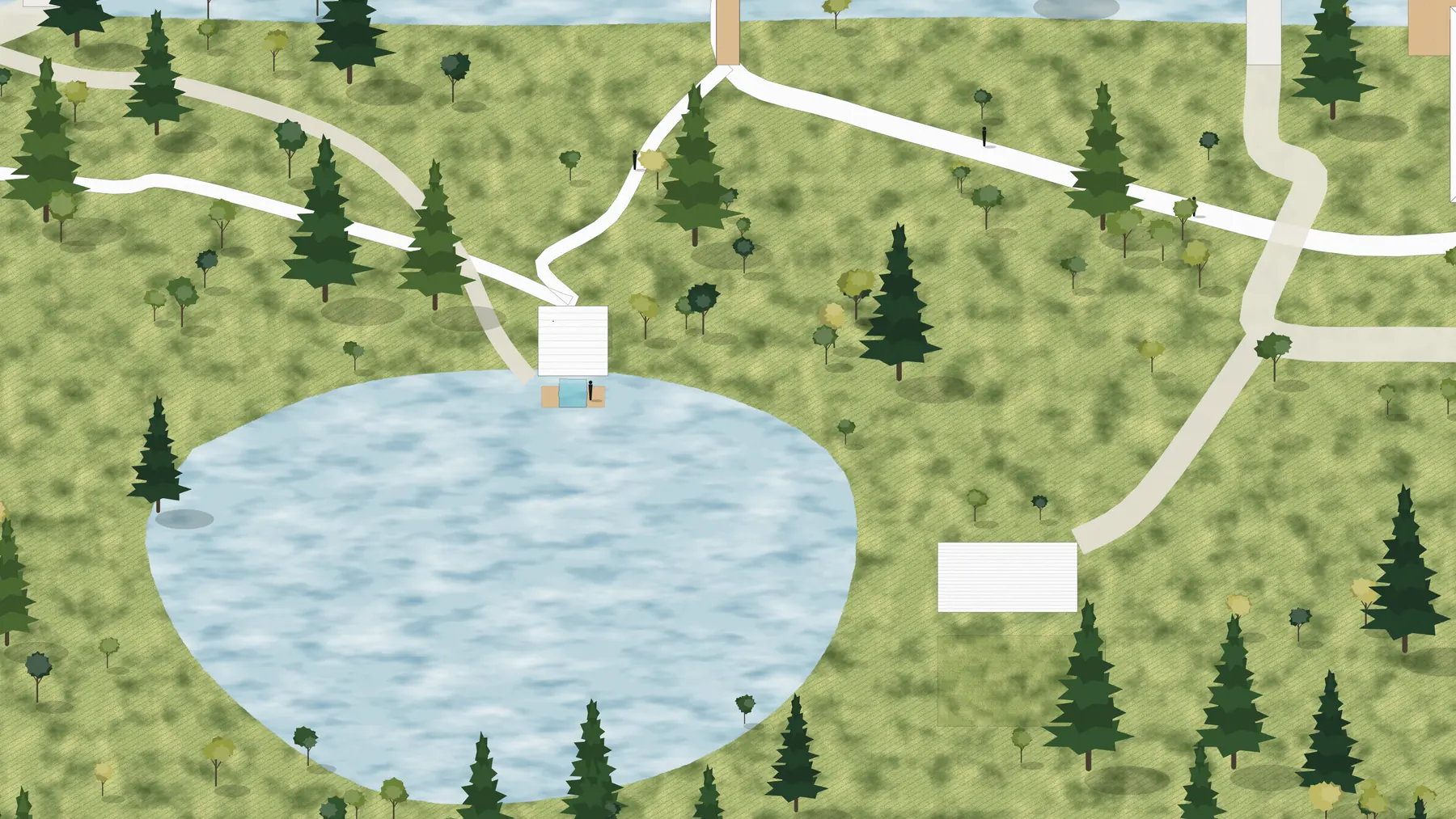 Illustration, unbuilt: the lake and the sauna seen from above