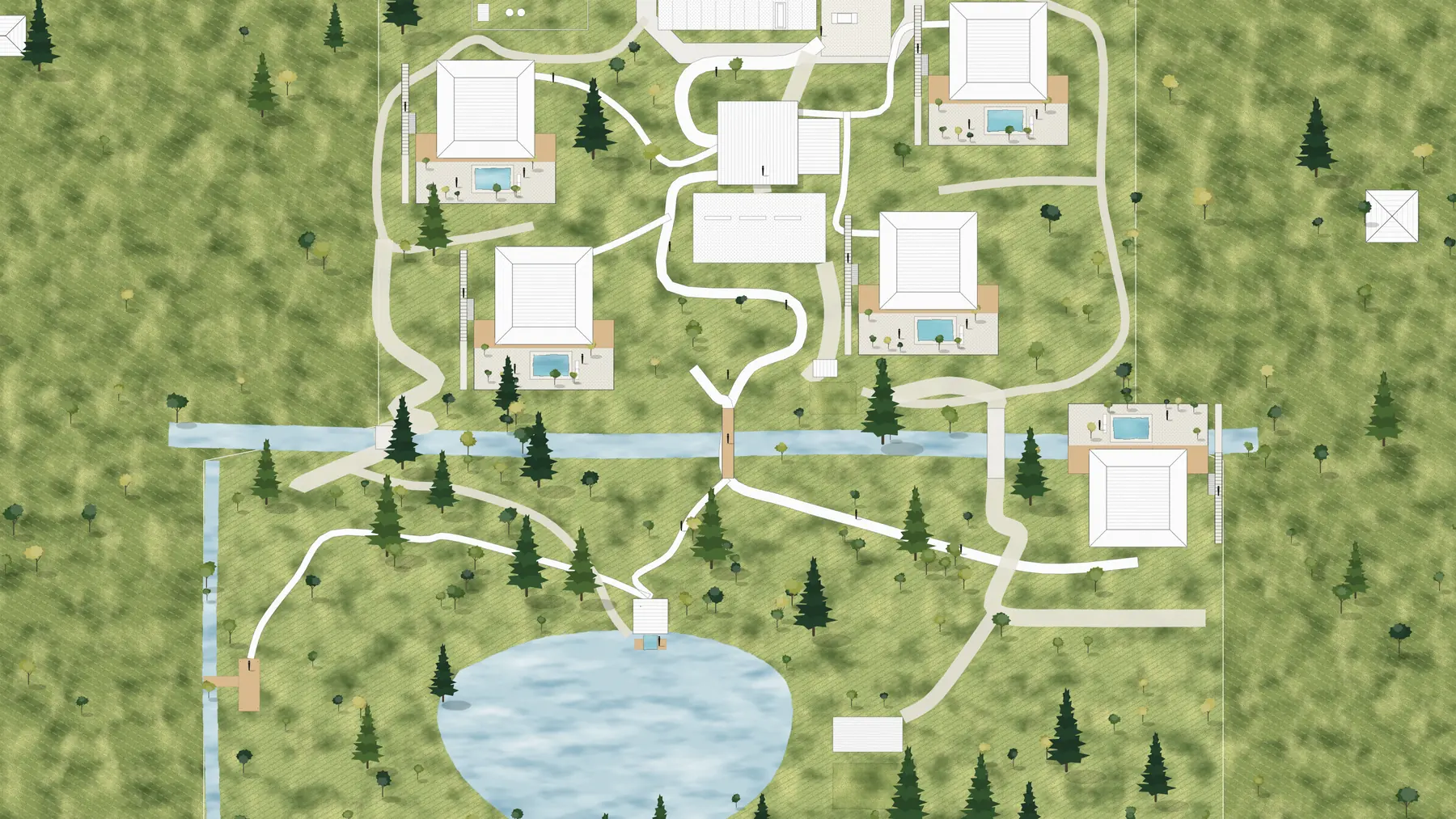 Illustration, unbuilt: the whole estate seen from above: five clusters, the commons, the stream and the lake