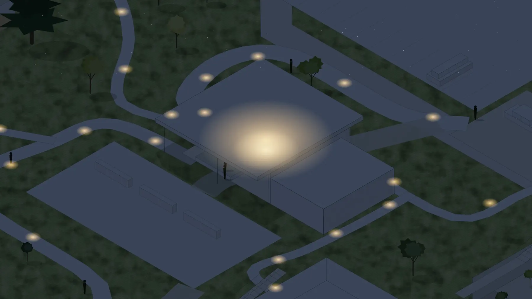 Illustration, unbuilt: the commons at night, lit by lamps along the paths