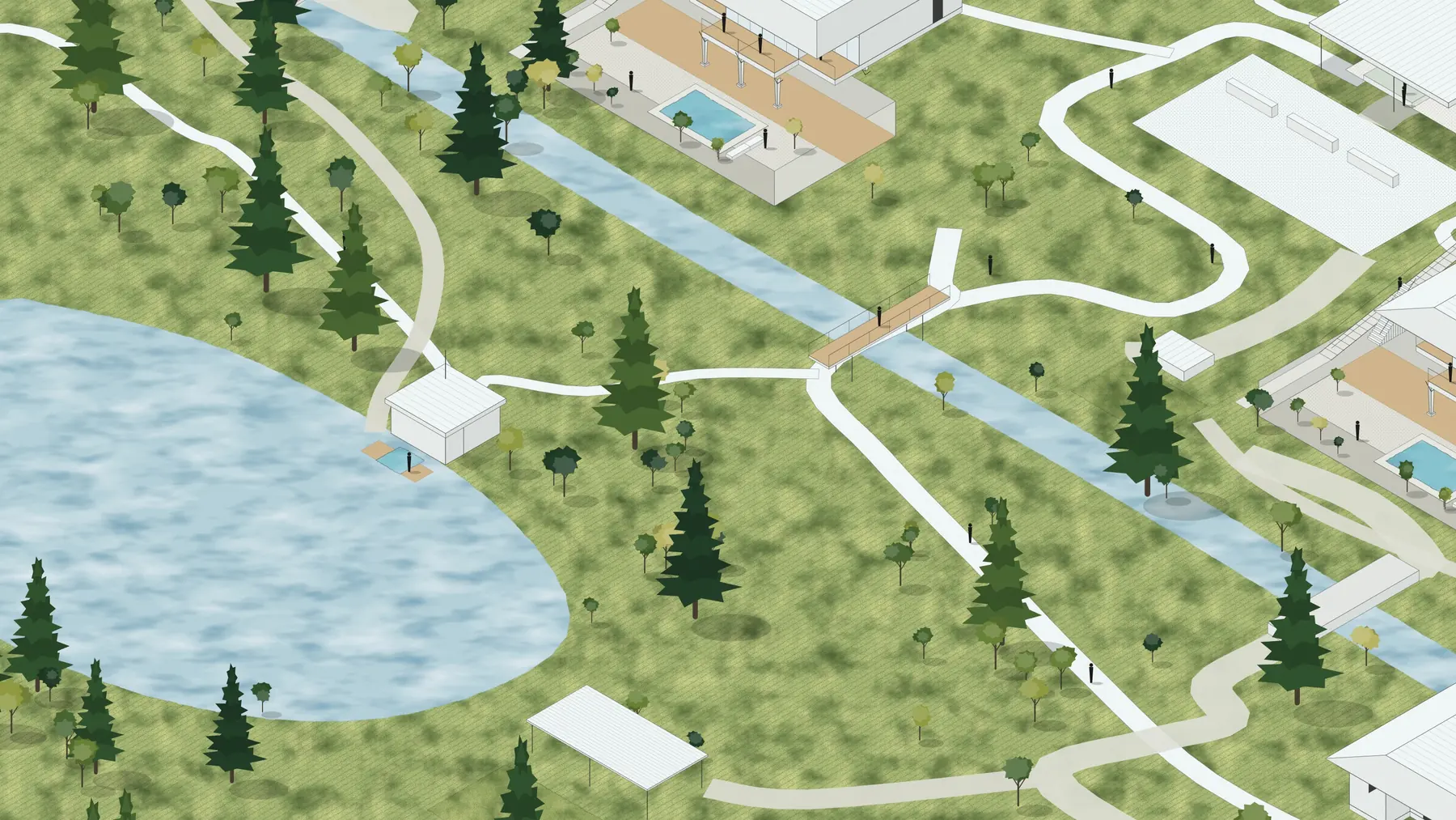 Illustration, unbuilt: the stream crossing the estate, with the timber crossing, the lake and the sauna beyond