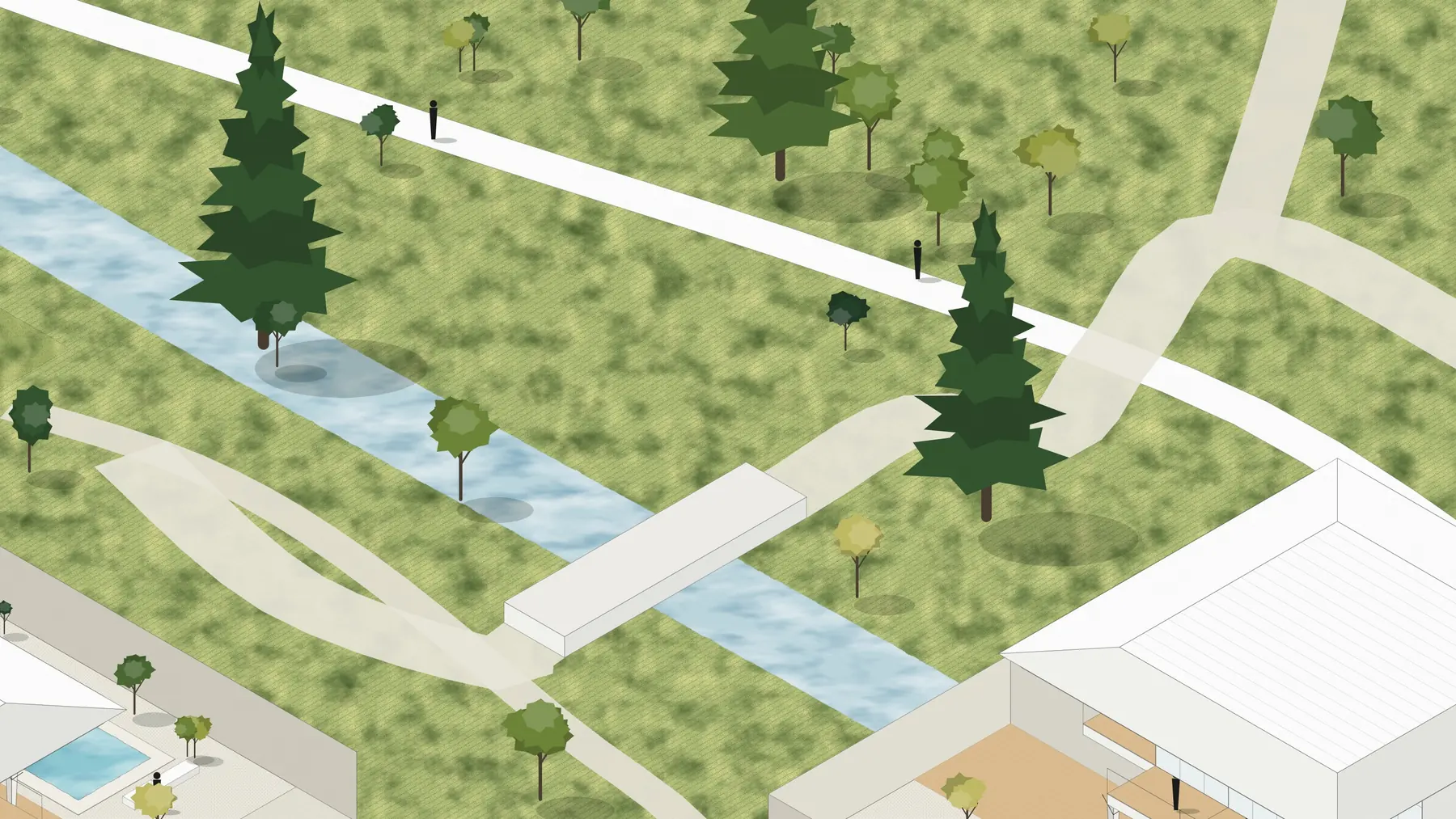 Illustration, unbuilt: the walk beside the stream, with a crossing