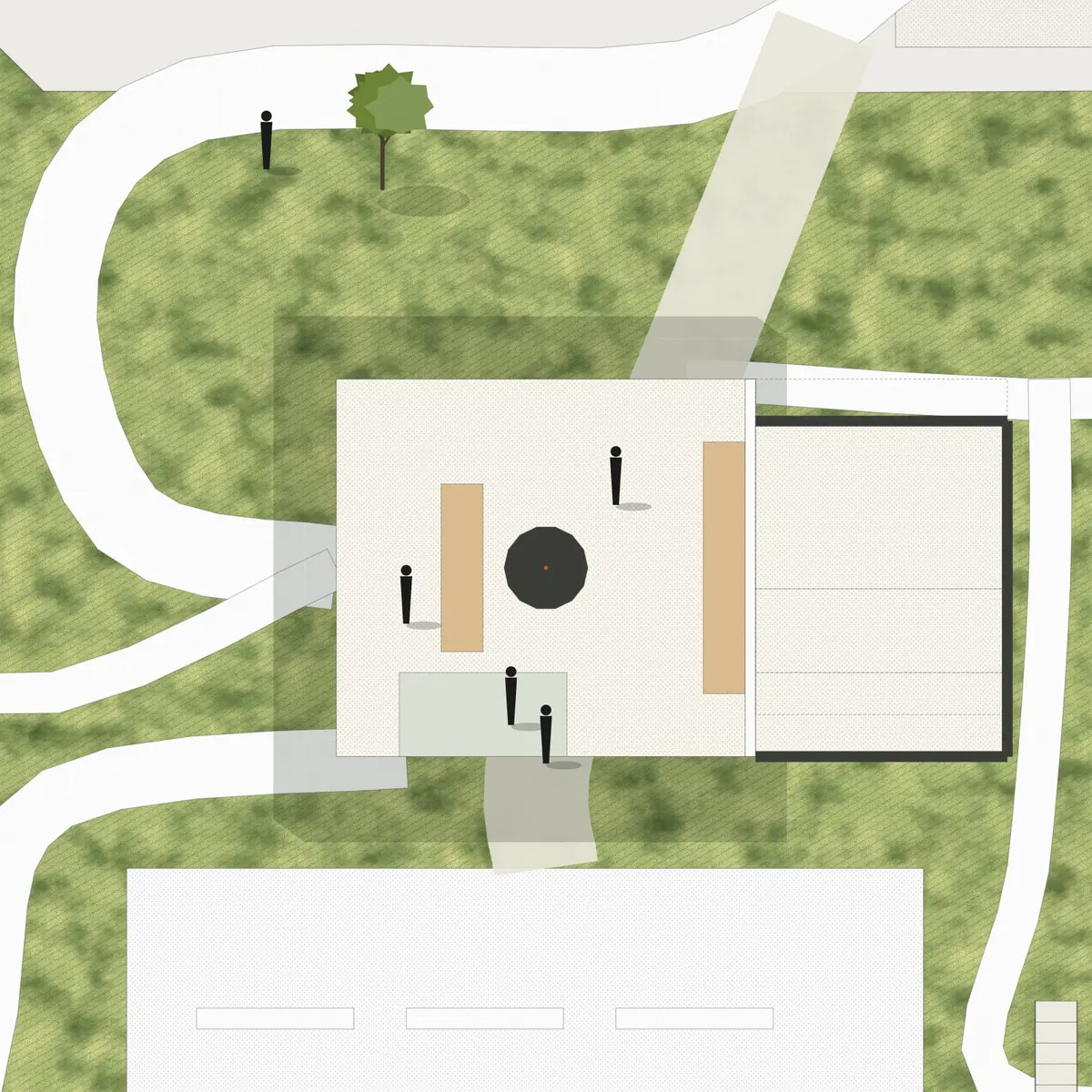 Illustration, unbuilt: the commons seen from above: one long table and a fire
