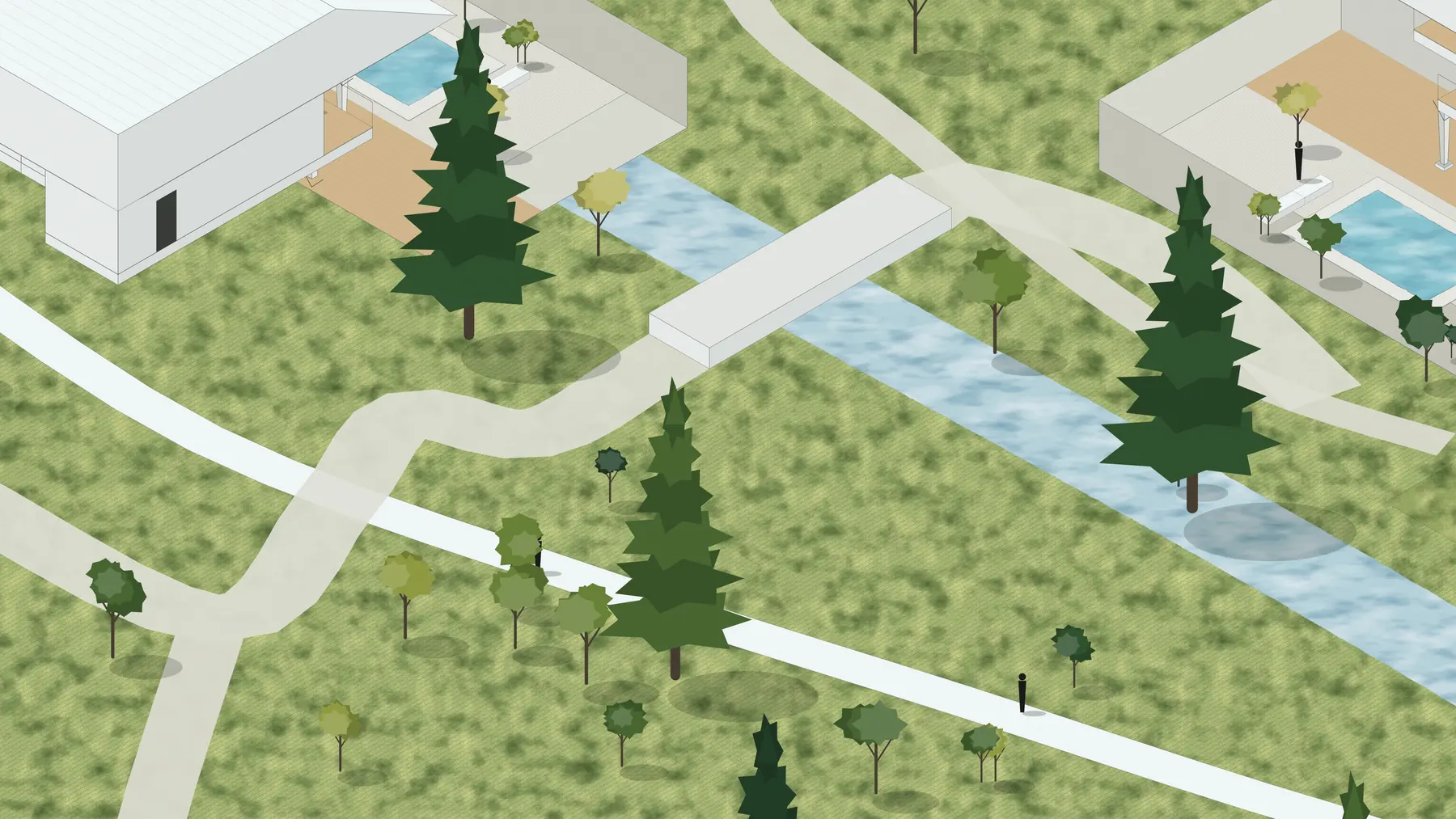 Illustration, unbuilt: the stream between two clusters, with a crossing over it