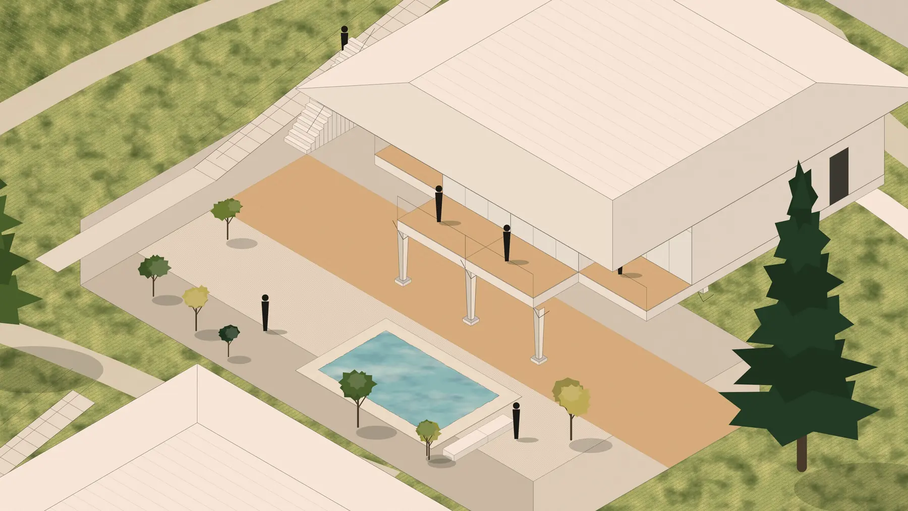 Illustration, unbuilt: a cluster's yard and pool, in the shade of the keys above